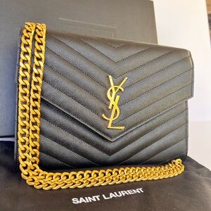 Saint Laurent Black Chevron Crossbody with Gold Chain